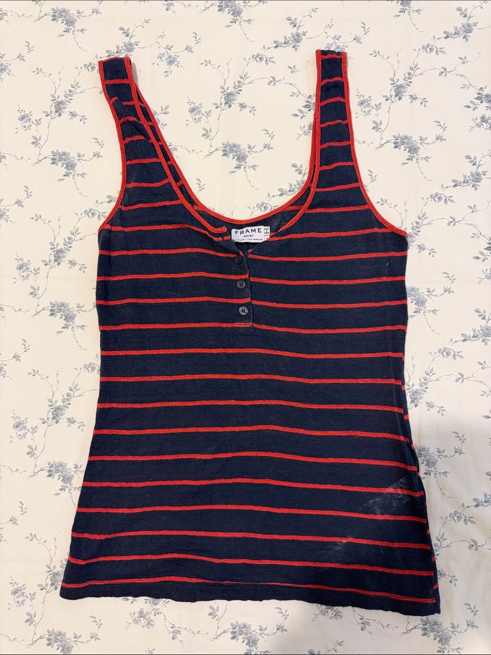 Frame Denim Navy Tank with Red Stripes and Henley Placket Size Small